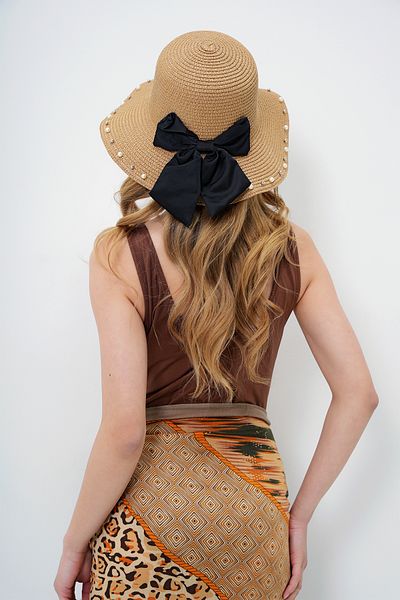 Trend Alaçatı Stili Women's Camel Beaded Bow Detailed Straw Hat Alc-X14162