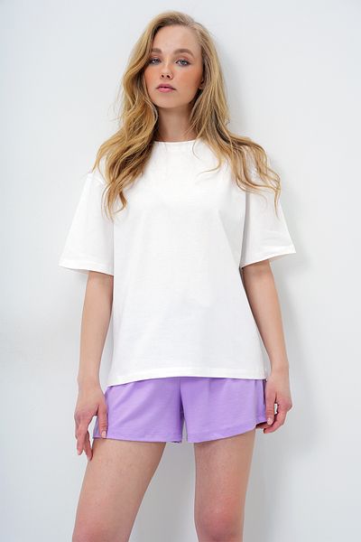 Trend Alaçatı Stili Women's Lilac Cotton Basic T-Shirt and Tie-Up Shorts Combed Cotton Bottom Top Set Pjm-X13904
