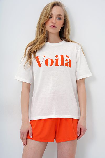 Trend Alaçatı Stili Women's Orange Front Text Printed Cotton Basic T-Shirt and Shorts Combed Cotton Bottom Top Set Pjm-X13902
