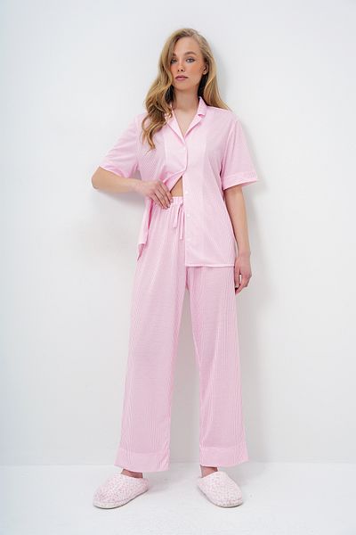 Trend Alaçatı Stili Women's Pink Double Sleeve and Leg Detailed Striped Shirt and Pants Pajama Set Pjm-X13918