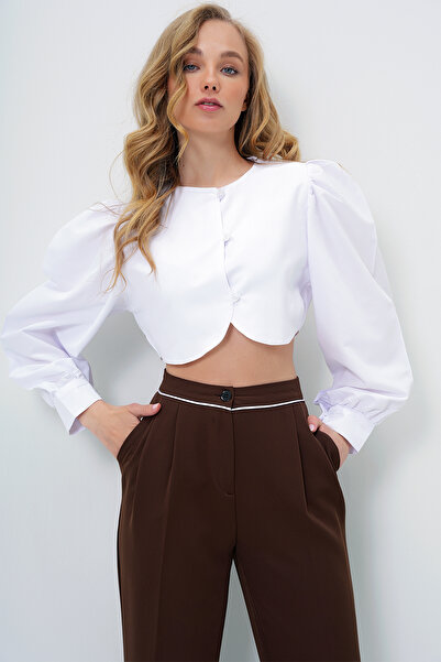 Trend Alaçatı Stili Women's White Crew Neck Balloon Sleeve Crop Poplin Shirt Alc-X13961