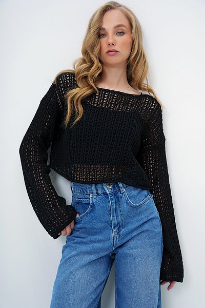 Trend Alaçatı Stili Schwarze Damen-Strickbluse mit U-Boot-Ausschnitt und durchbrochenem Strick für den Sommer ALC-X13999