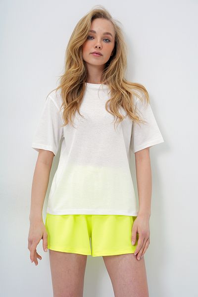 Trend Alaçatı Stili Women's Lemon Yellow Cotton Basic T-Shirt and Tie-Up Shorts Combed Cotton Bottom Top Set Pjm-X13904