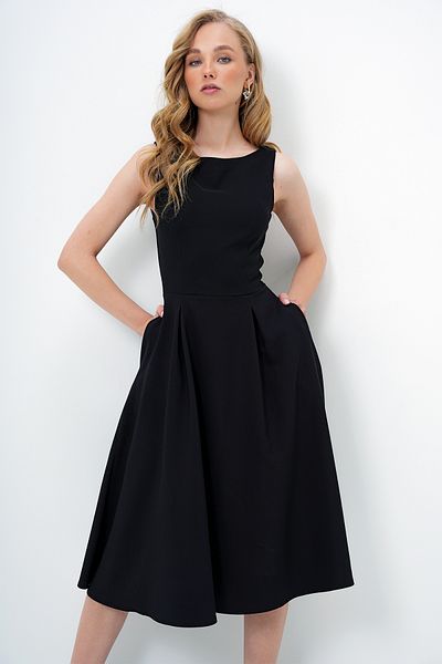 Trend Alaçatı Stili Women's Black Boat Neck Stitching Detailed Midi Length Lined Flared Dress Alc-X13975