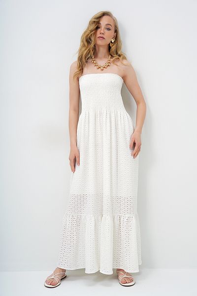 Trend Alaçatı Stili Rochie albă fără bretele din guipură, căptușită cu Gipeli, ALC-X14137