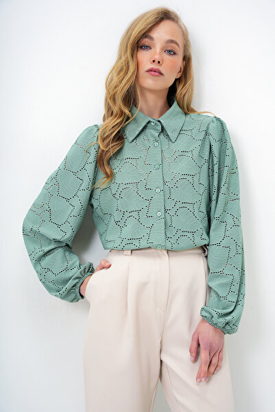 Trend Alaçatı Stili Dámská zelená guipure tkaná prémiová košile ALC-X4366