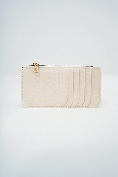 Trend Alaçatı Stili Women's Ecru Faux Leather Zippered Coin Compartment Croco Pattern Thin Card Holder Alc-X14078