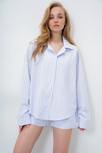 Trend Alaçatı Stili Women's Pink Blue Double Cuff and Leg Detailed Woven Shirt and Shorts Pajama Set Pjm-X13919