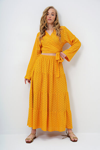 Trend Alaçatı Stili Női mustársárga Katkat Flounce Guipure prémium szoknya ALC-X14141