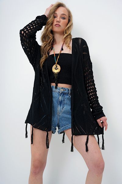 Trend Alaçatı Stili Fusta neagră pentru femei cu motiv fluture la spate, cardigan etnic din croșetat cu ciucuri ALC-X8693