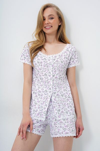 Trend Alaçatı Stili Women's Micro Flower Purple Scallop Detailed Cotton Wide Collar Shirt and Shorts Pajamas Set Pjm-X13899