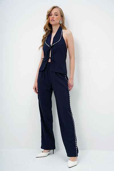 Trend Alaçatı Stili Women's Navy Blue Scallop Ribbed Backless Woven Vest and Trousers Set Alc-X13990