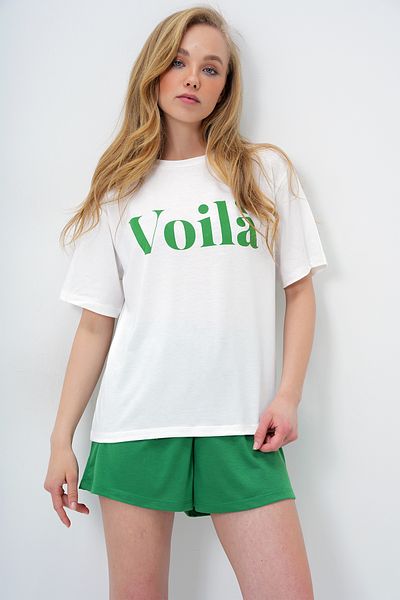 Trend Alaçatı Stili Women's Green Front Text Printed Cotton Basic T-Shirt and Shorts Combed Cotton Bottom Top Set Pjm-X13902
