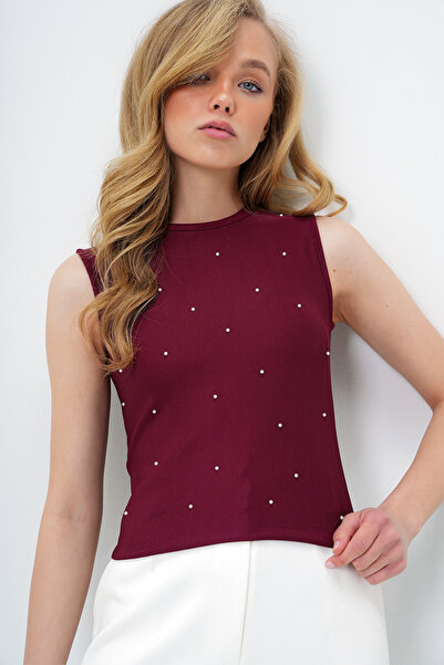 Trend Alaçatı Stili Women's Burgundy Crew Neck Pearl Studded Summer Crop Blouse Alc-X14113
