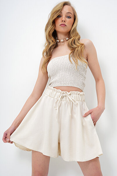 Trend Alaçatı Stili Women's Ecru Double Pocket Tie Detailed Summer Woven Shorts Skirt Alc-X14096