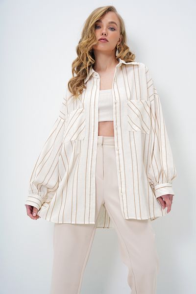 Trend Alaçatı Stili Women's Beige Double Pocket Linen Blended Oversize Striped Shirt Alc-X13978