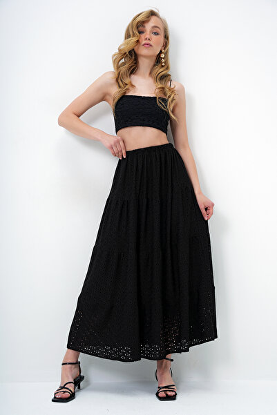 Trend Alaçatı Stili Women's Black Katkat Flounce Guipure Premium Skirt Alc-X14141