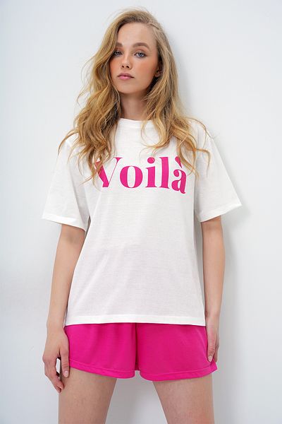 Trend Alaçatı Stili Women's Fuchsia Front Text Printed Cotton Basic T-Shirt and Shorts Combed Cotton Bottom Top Set Pjm-X13902