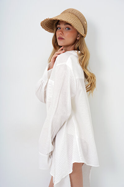 Trend Alaçatı Stili Kadın Bej Ayarlanabilir Bantlı Püskül Detaylı Vizör Şapka ALC-X14163