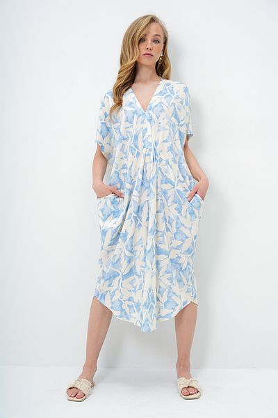 Trend Alaçatı Stili Women's Baby Blue V-Neck Patterned Summer Maxi Length Woven Dress Alc-X14087