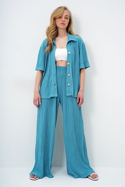 Trend Alaçatı Stili Mint Green Double Cuff Gold Button Detailed Pleated Shirt and Palazzo Pants Set Alc-X14139