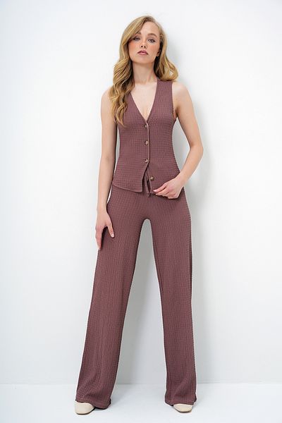 Trend Alaçatı Stili Women's Brown V-Neck Buttoned Vest and Pants Set Alc-X13583
