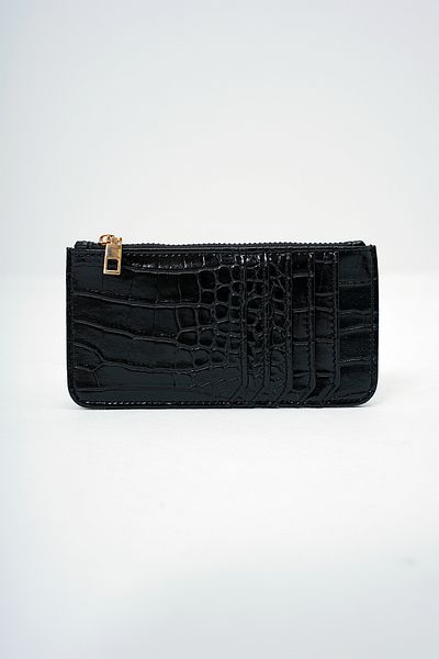 Trend Alaçatı Stili Women's Black Faux Leather Zippered Coin Compartment Croco Pattern Thin Card Holder Alc-X14078