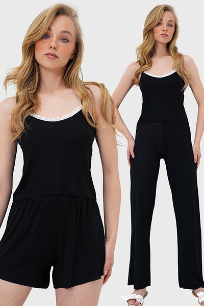 Trend Alaçatı Stili Set de 3 piese pentru femei, cu bretele negre din frânghie, bluză, pantaloni scurți și pantaloni, PJM-X13917