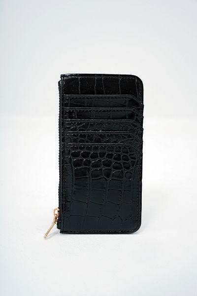 Trend Alaçatı Stili Women's Black Faux Leather Zippered Coin Compartment Croco Pattern Thin Card Holder Alc-X14078
