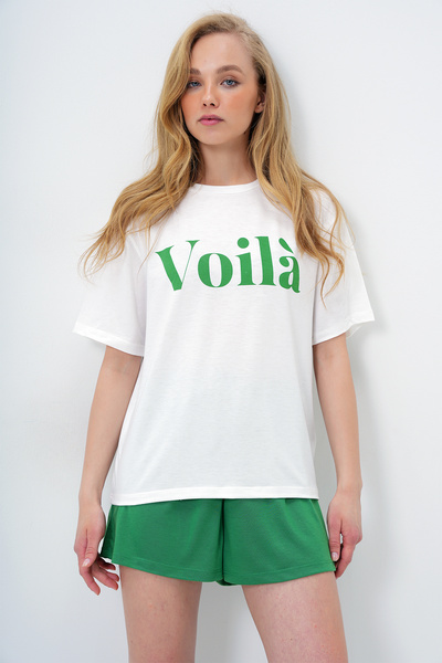 Trend Alaçatı Stili Women's Green Front Text Printed Cotton Basic T-Shirt and Shorts Combed Cotton Bottom Top Set Pjm-X13902