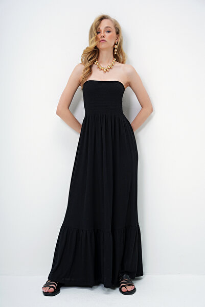 Trend Alaçatı Stili Kadın Siyah Eteği Volanlı Yazlık Uzun Straplez Elbise ALC-X14127