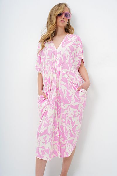 Trend Alaçatı Stili Women's Pink V-Neck Patterned Summer Maxi Length Woven Dress Alc-X14087