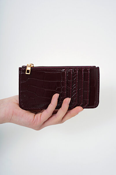 Trend Alaçatı Stili Women's Burgundy Faux Leather Zippered Coin Compartment Croco Pattern Thin Card Holder Alc-X14078