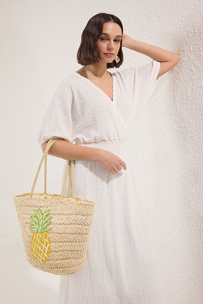 TRENDYOL SHOES Beige Pineapple Embroidered Straw Women's Shoulder Bag Takss25Oc00084