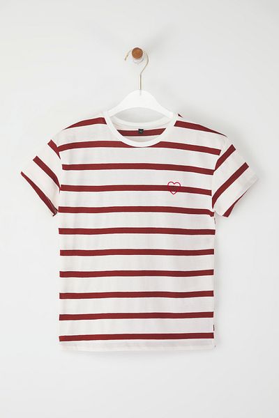 TRENDYOLKIDS Orange Girl 100% Cotton Striped Short Sleeve Knitted T-Shirt Tkdss25Ts00103