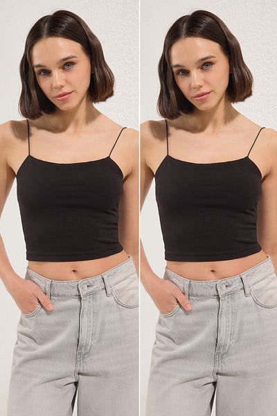 Trendyol Collection Schwarz-Schwarzes 2-teiliges Crop-Top-Unterhemd aus Baumwolle mit Spaghettiträgern