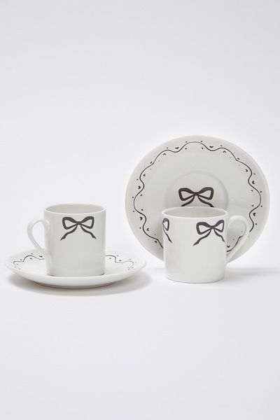 Trendyol Collection Set of 2 Porcelain Bow/Ribbon Printed Coffee Cups Tphss25Kfc00005