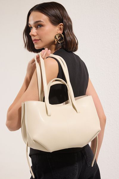 TRENDYOL SHOES Ecru Damen Tote Schultertasche mit Geldbörse TAKSS25OC00070