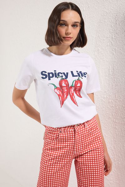 Trendyol Collection White Pepper Printed Regular/Normal Fit Knitted T-Shirt Twoss25Ts00203