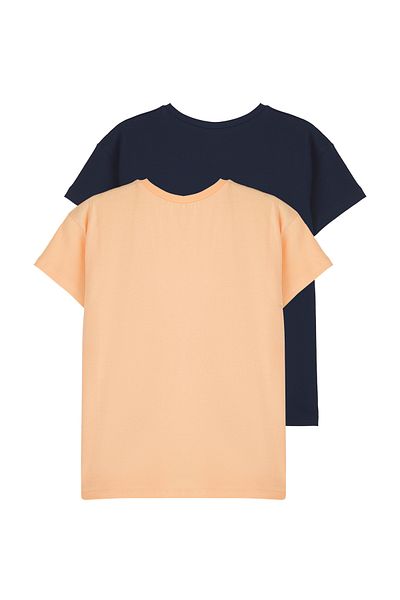 TRENDYOLKIDS Navy Blue-Orange 2-Piece Unisex 100% Cotton Basic Short Sleeve Knitted T-Shirt Tkdss25Ts00102