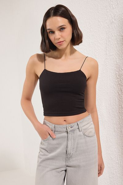 Trendyol Collection Schwarz-Schwarzes 2-teiliges Crop-Top-Unterhemd aus Baumwolle mit Spaghettiträgern