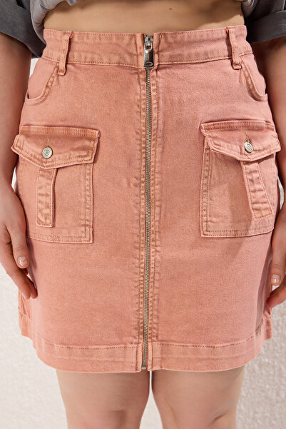 Trendyol Curve Tile Flex Pocket Detail Denim Plus Size Skirt Tbbss25Az00018