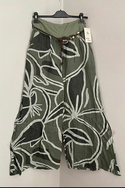 AYASOFYA OTANTIK Women's Italian Khaki Rope Belt Detailed Loose Wide Leg Side Pockets Patterned 100% Linen Trousers