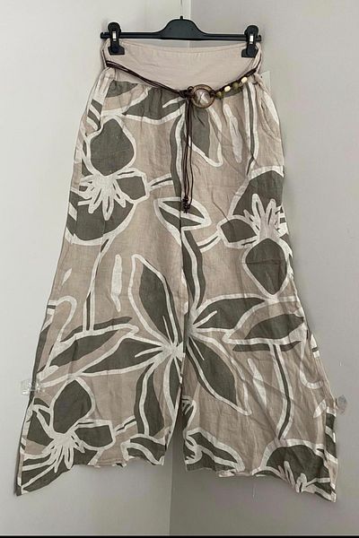 AYASOFYA OTANTIK Women's Italian Beige Rope Belt Detailed Loose Wide Leg Patterned 100% Linen Trousers with Side Pockets