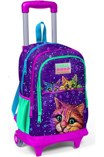 STOREMAX Ntwork High Lighted Wheeled Cute Cats Rickshaw School & Travel Bag Girls Purple