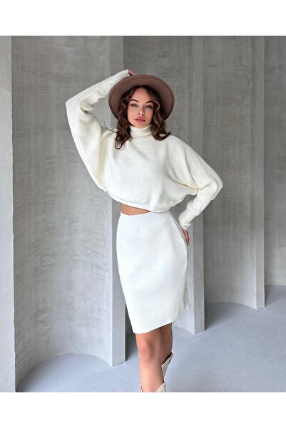 FTT SHOPPING MARKET Turtleneck Bat Sleeve Blouse and Skirt Double Knitwear Set