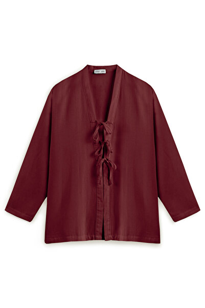 praye Lace-Up Linen Blended Kimono Claret Red