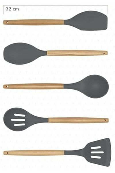 STOREMAX Sellbuystore Li̇ngo Bamboo Handle 5 Piece Cooking Set Gray 1053513