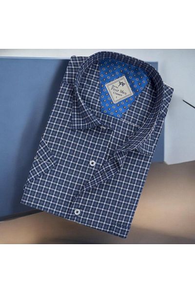 EREN STYLE Cămașă clasică pentru bărbați, cu mânecă scurtă, albastru bleumarin (forma obișnuită)