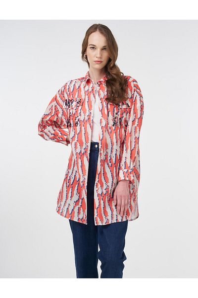 KYR Abstract Pattern Shirt Collar Tunic Coral